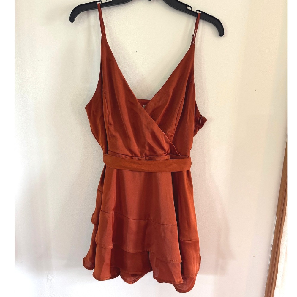 Altar'd State Romper L Orange Satin Ruffle mini dress Festival fairy homecoming